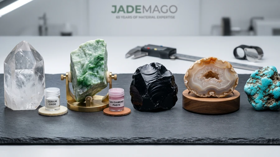 Five common gemstones are arranged side by side: crystal, jade, obsidian, agate, and turquoise.