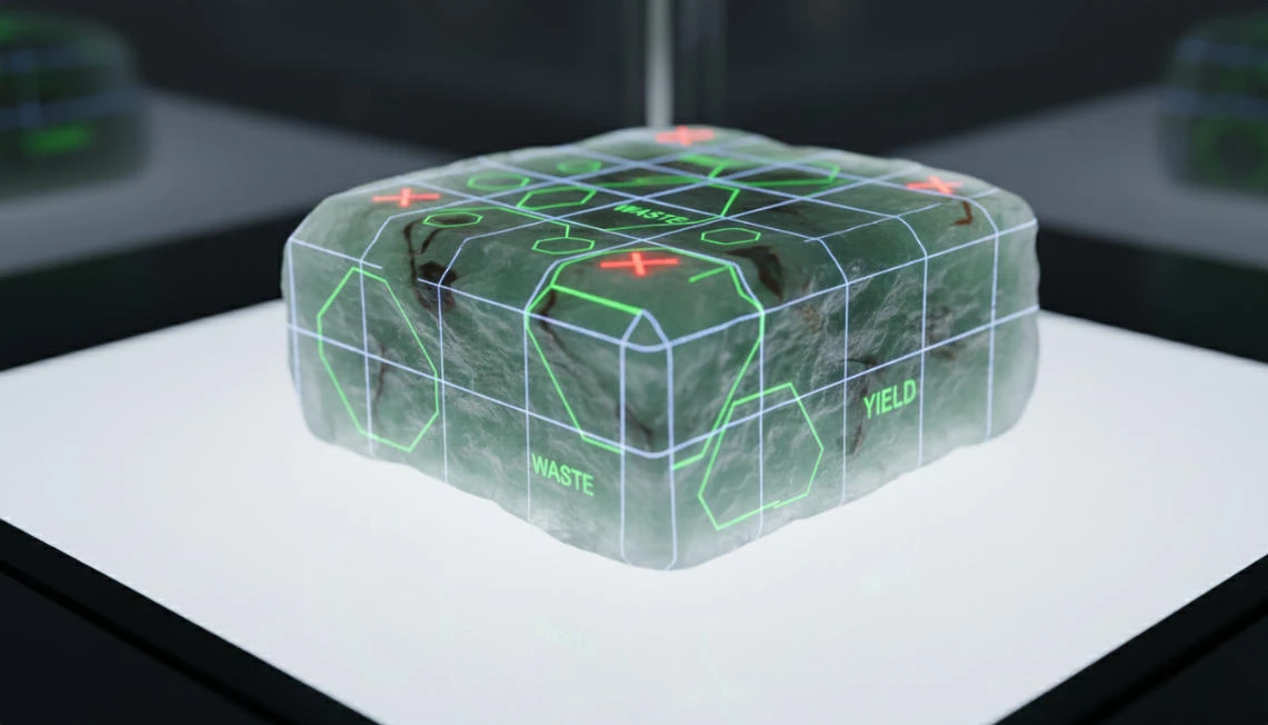 A piece of raw jade material, upon which lines have been drawn to delineate the contours of the intended finished product—thereby illustrating the preliminary design phase of the jade processing workflow.