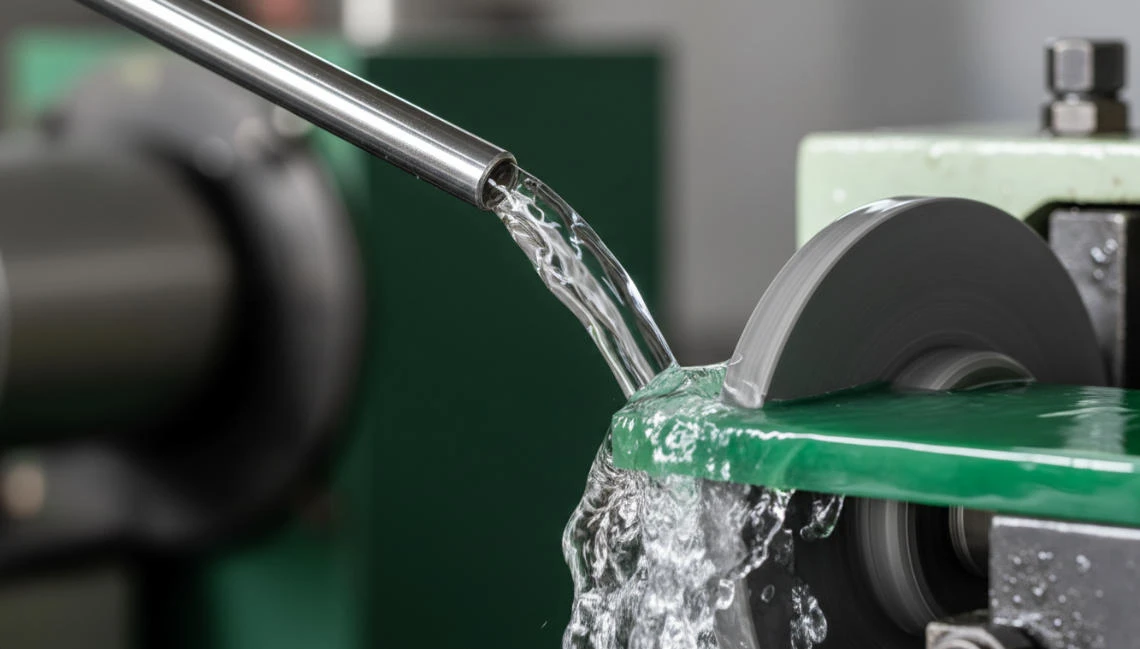 The scene depicts a piece of jade undergoing cutting, with a nearby coolant tube continuously pouring fluid onto the point of contact.