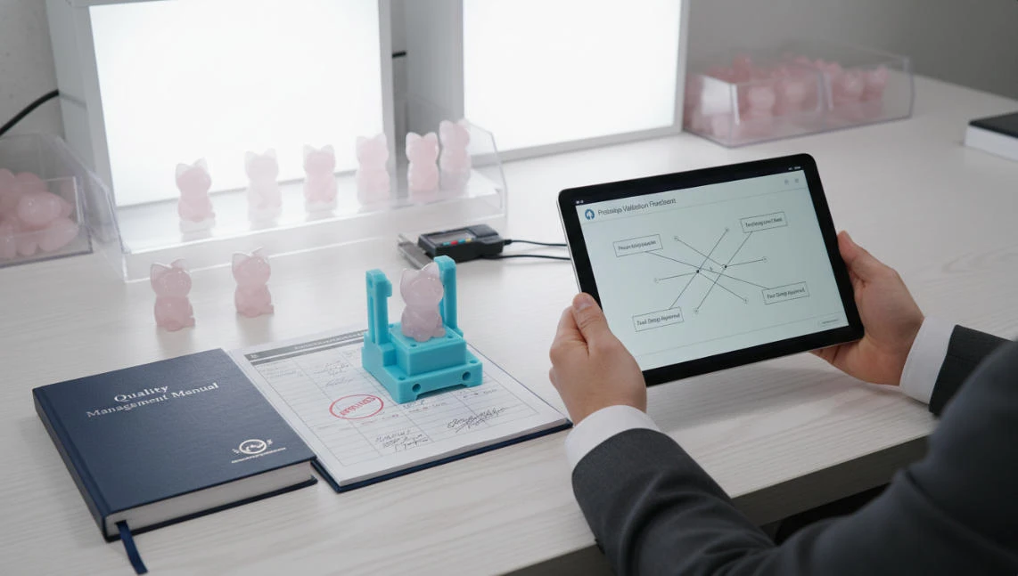 A person is inspecting a finished rose crystal carving.