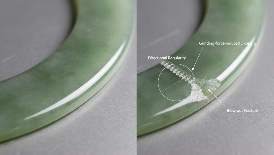 A comparison of two jade rings: the one on the left features a flawless polish, while the one on the right exhibits irregular chipping caused by excessive grinding pressure.