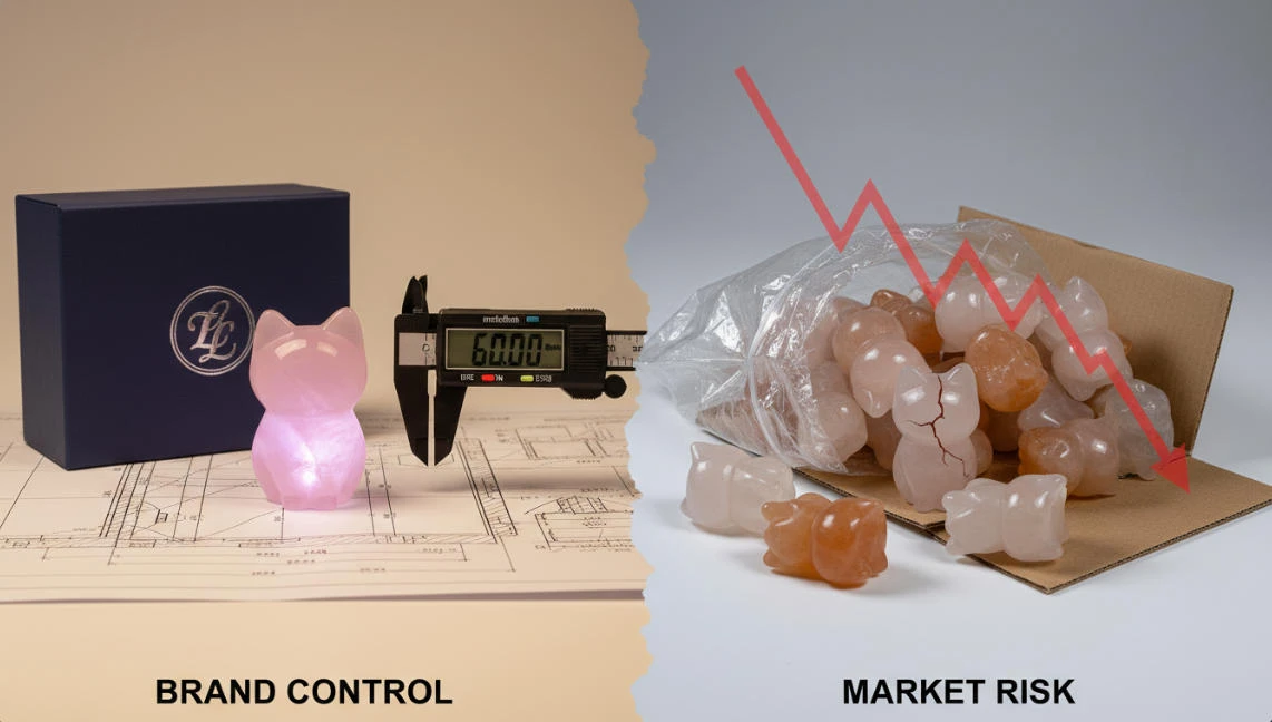 On the left stands a flawless rose quartz kitten carving; on the right, a damaged one—a striking contrast.