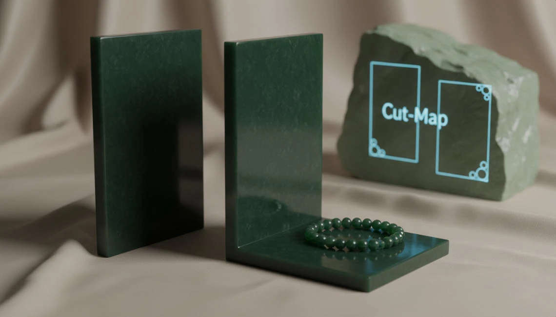 Two bookends made of jade are placed on the tabletop.