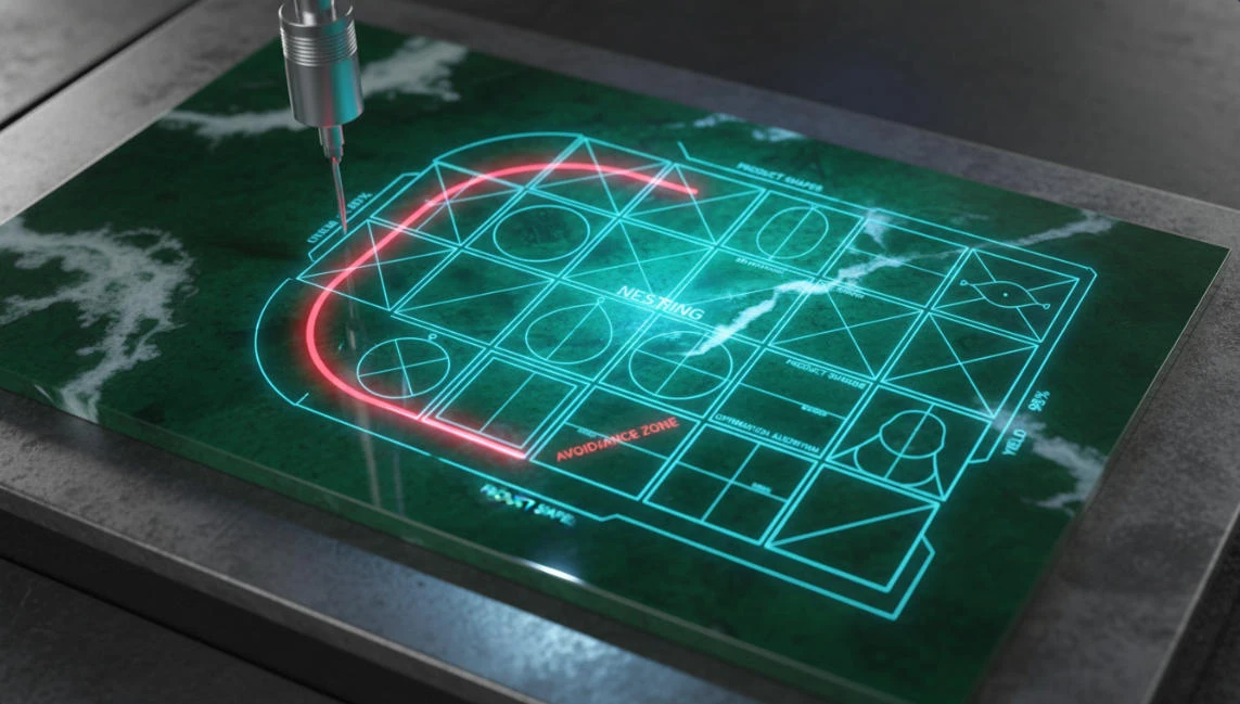 A CNC engraving machine is processing jade along pre-designed lines, resulting in a high jade material yield rate.