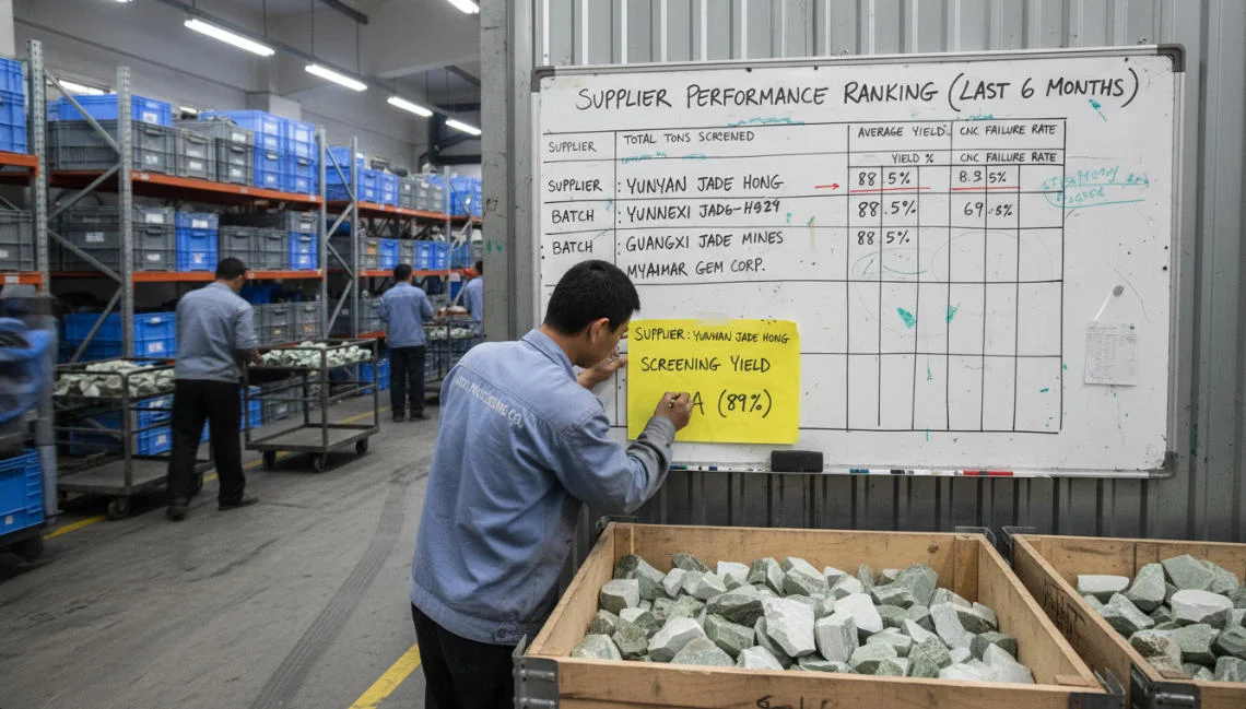 The jade manufacturer compiles statistics on the daily screening of raw materials.