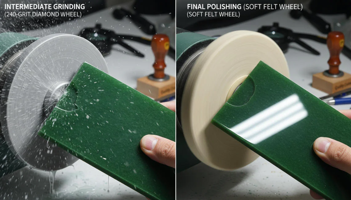 A comparison of jade polished at different grit levels: at a high grit, the jade's surface appears uniform; at a low grit, the jade makes direct contact with the grinding wheel, sending chips and debris flying.