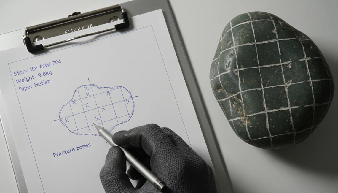 A person is recording information—such as quality and volume—about the rough jade stones nearby in a notebook.