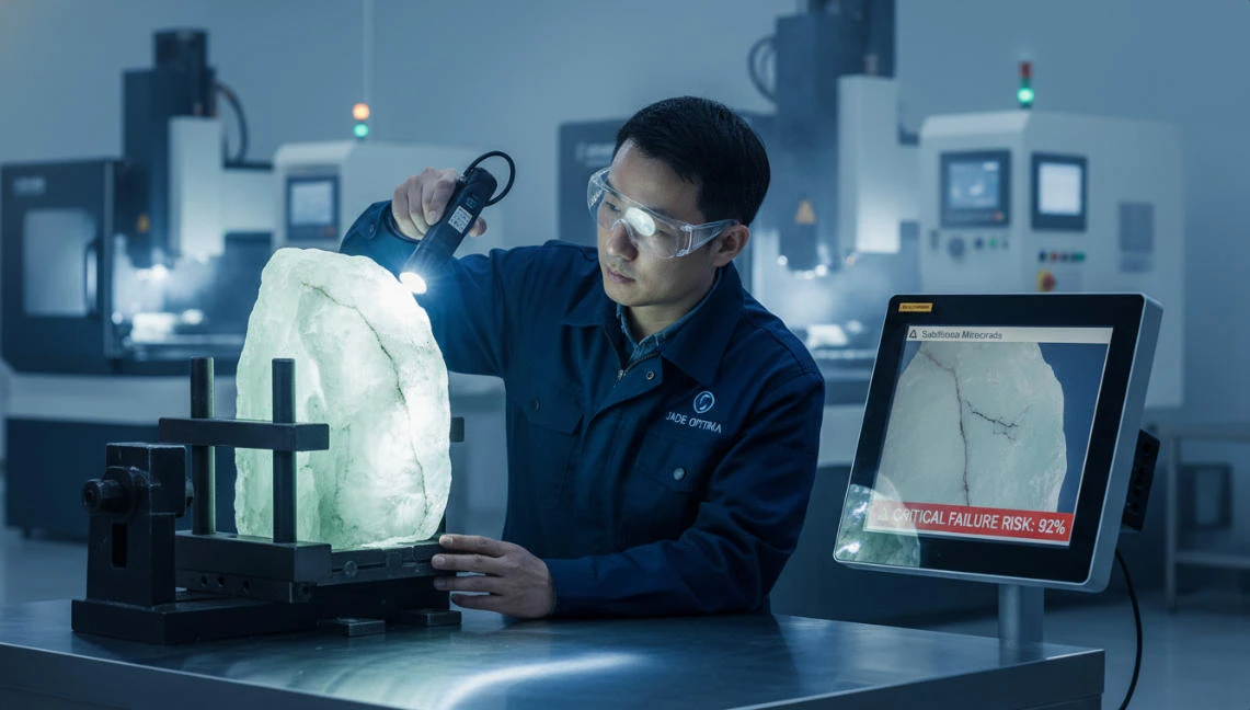 Workers are examining the internal structure of the jade using strong light.