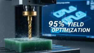 A piece of raw jade material is undergoing CNC machining, accompanied by a label reading "95% yield optimization."