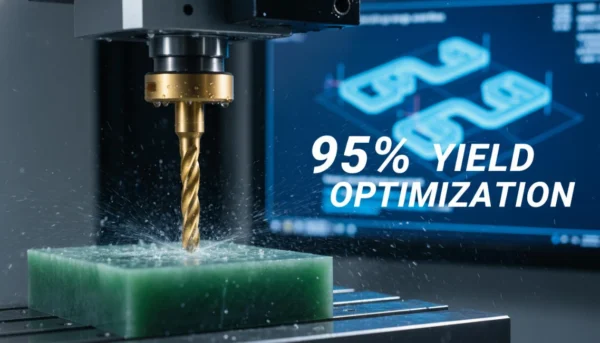 A piece of raw jade material is undergoing CNC machining, accompanied by a label reading "95% yield optimization."