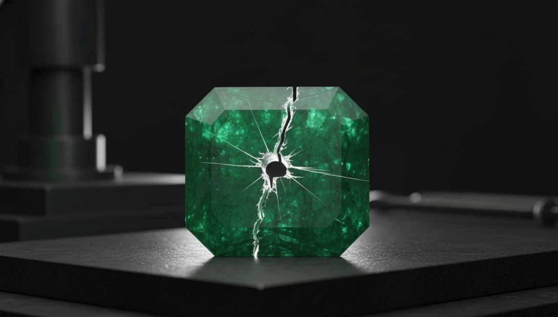 Depicts the current state of a cube-shaped jade product that sustained damage during the drilling process.
