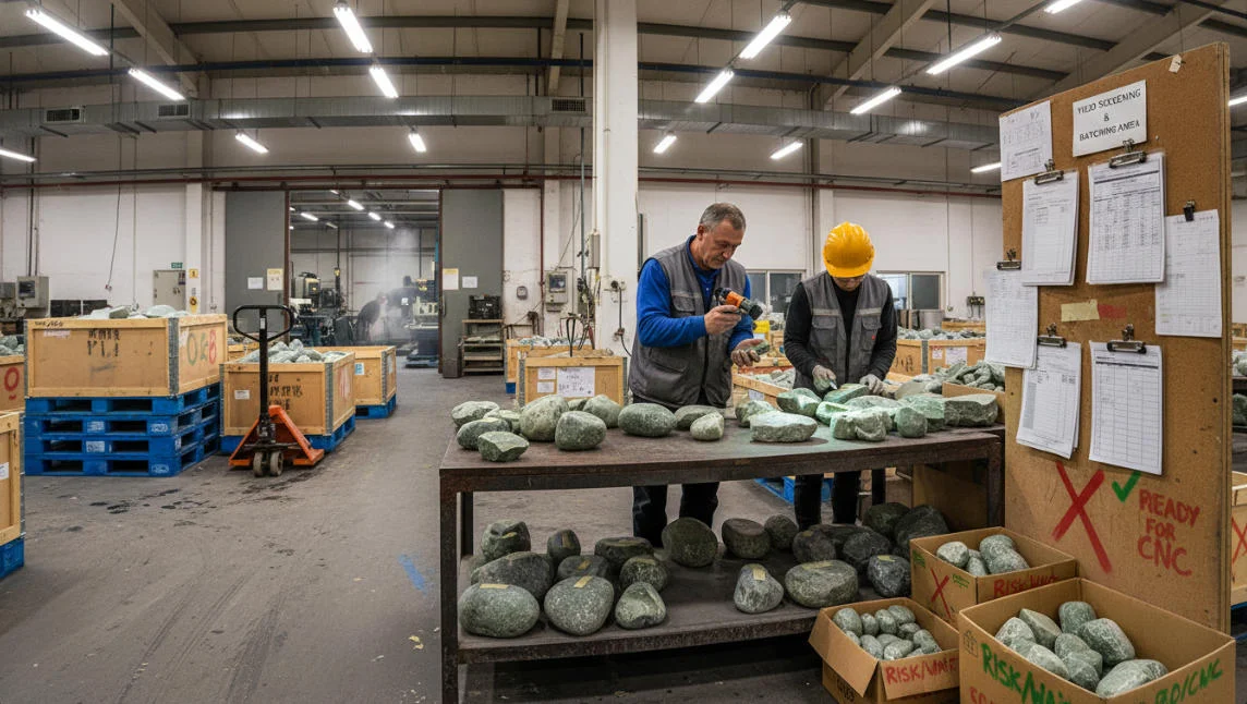 An authentic glimpse into a jade manufacturing factory—filled with uncut raw stones and a multitude of production machines.