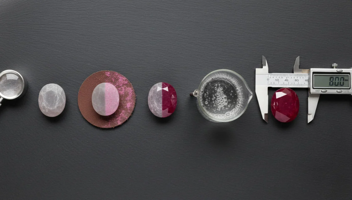 Demonstrating the polishing process through gemstones at various stages of polishing.