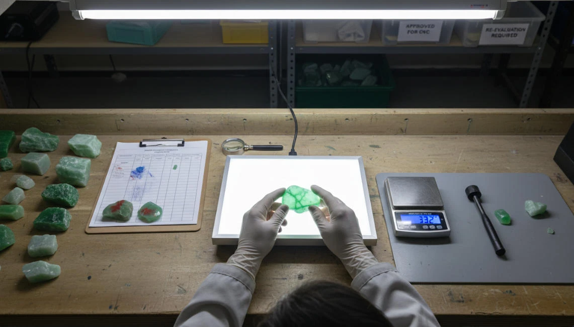 A worker holds a piece of raw jade in both hands, examining it under intense light.
