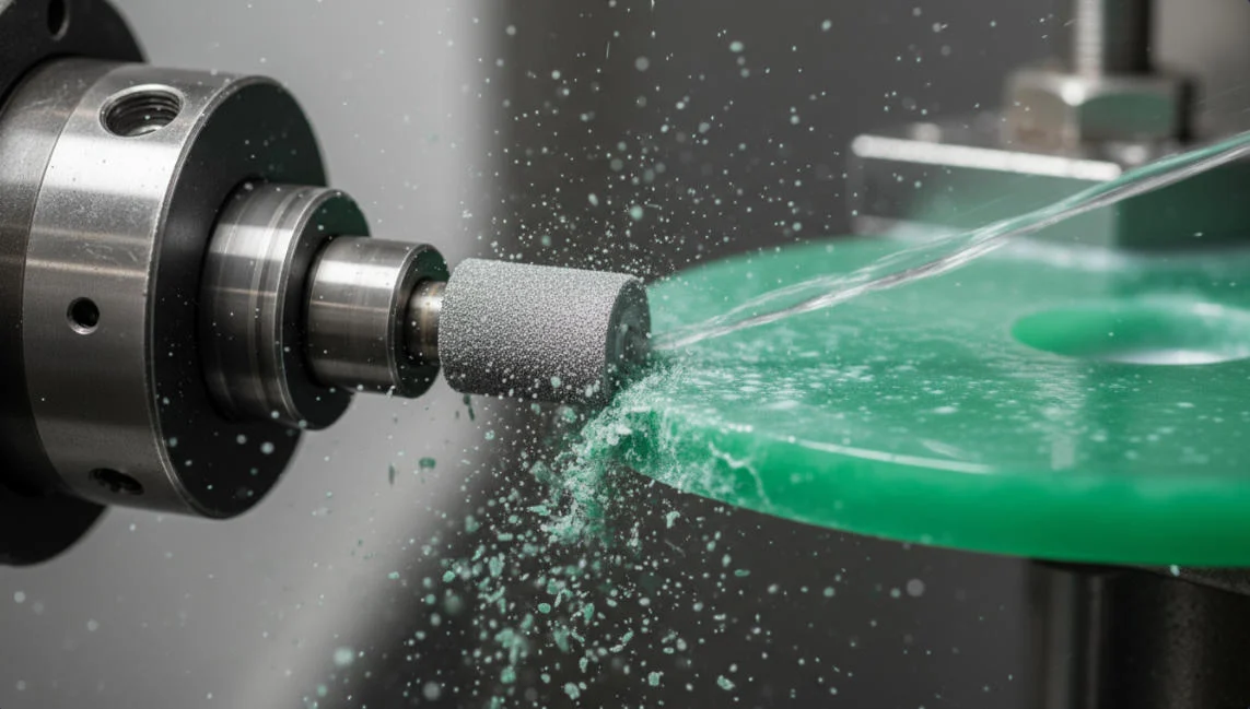 It captures the split-second moment when the edge of a piece of jade shatters due to the vibration of the cutting tool.