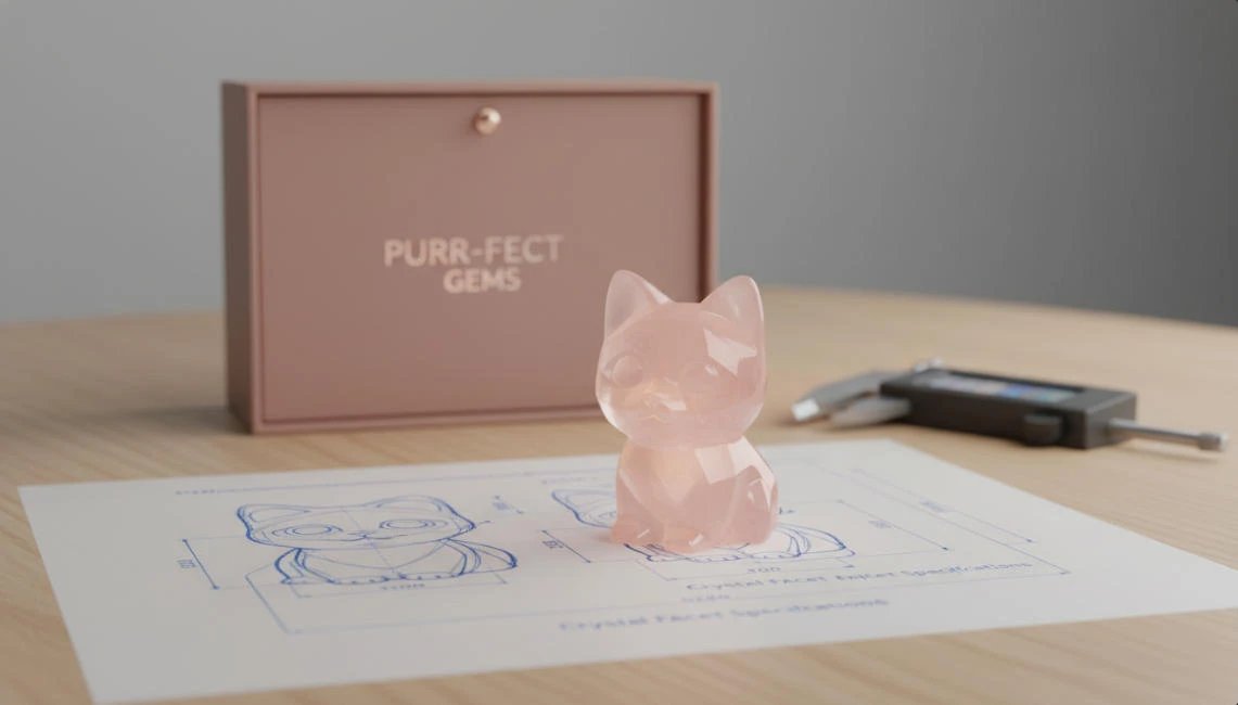 A gift box containing a rose quartz kitten and design sketches sits upon the tabletop, reflecting the professionalism of the private label crystal manufacturer.