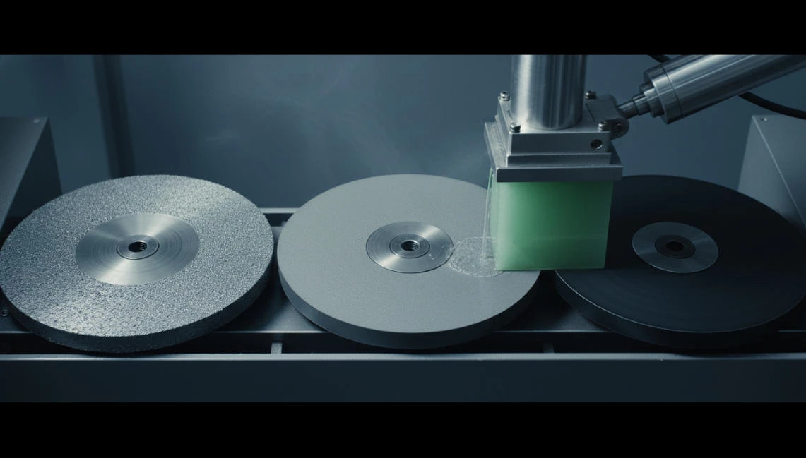 Showcasing a piece of jade lapping using grinding wheels of various grit sizes.