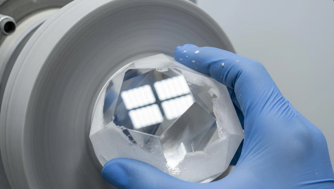 A piece of transparent quartz is being polished.