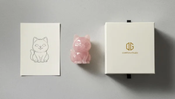 A small kitten carved from rose quartz, with its design sketch on the left and a logo-printed gift box on the right.