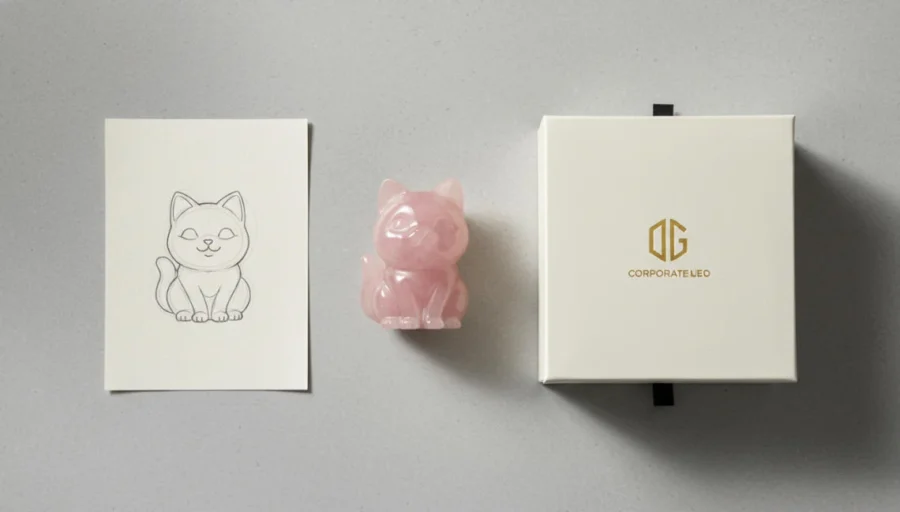 Private Label Crystal Manufacturer: Transforming Concepts into Customizable, Production-Ready Crystal 1 A small kitten carved from rose quartz, with its design sketch on the left and a logo-printed gift box on the right.