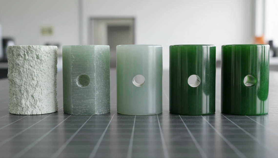 Illustrates the visual contrast of a cylindrical jade product at various stages of processing.
