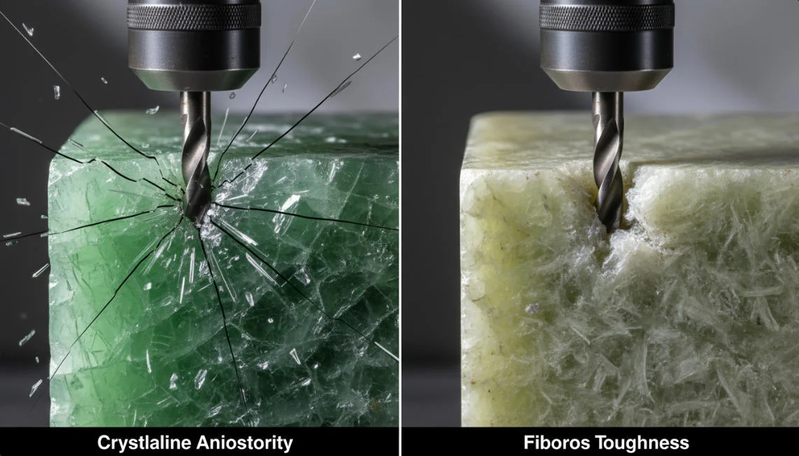 The differing patterns of damage sustained by nephrite and jadeite during drilling were compared, based on their distinct internal structures.