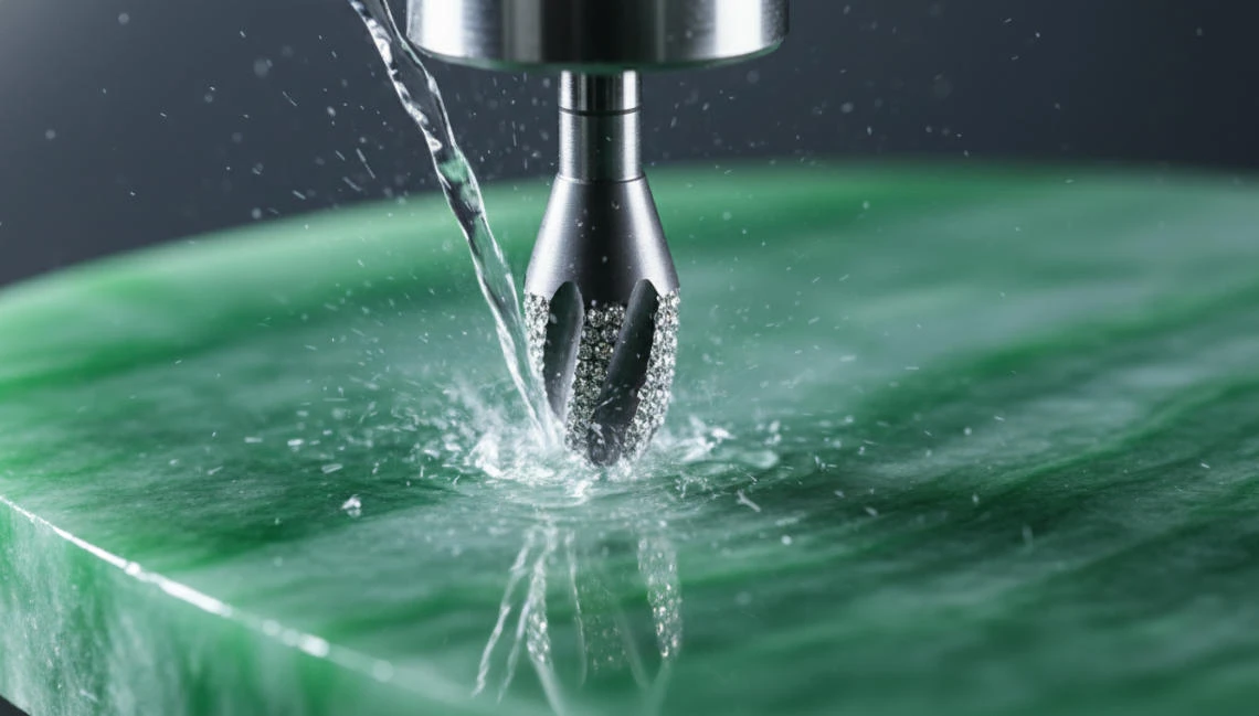 A high-speed drill bit is drilling into a piece of jade.