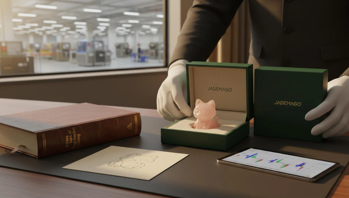 An exquisite crystal carving sits upon the tabletop, flanked by its corresponding design sketches and a gift box engraved with the brand's logo.