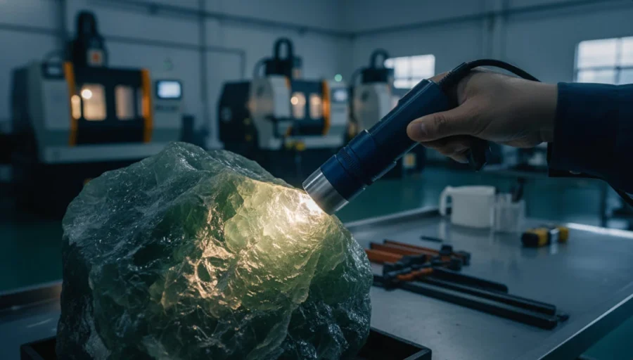 A worker is inspecting the surface of a piece of jade using a high-intensity flashlight.
