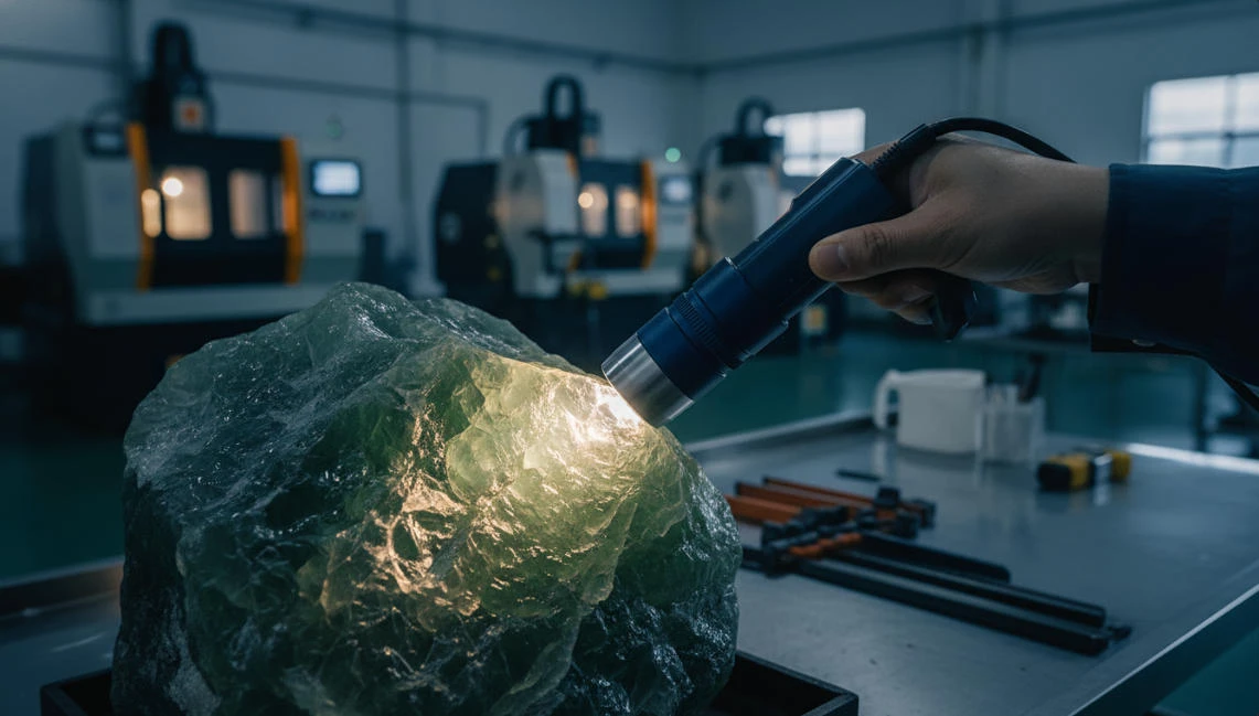 A worker is inspecting the surface of a piece of jade using a high-intensity flashlight.